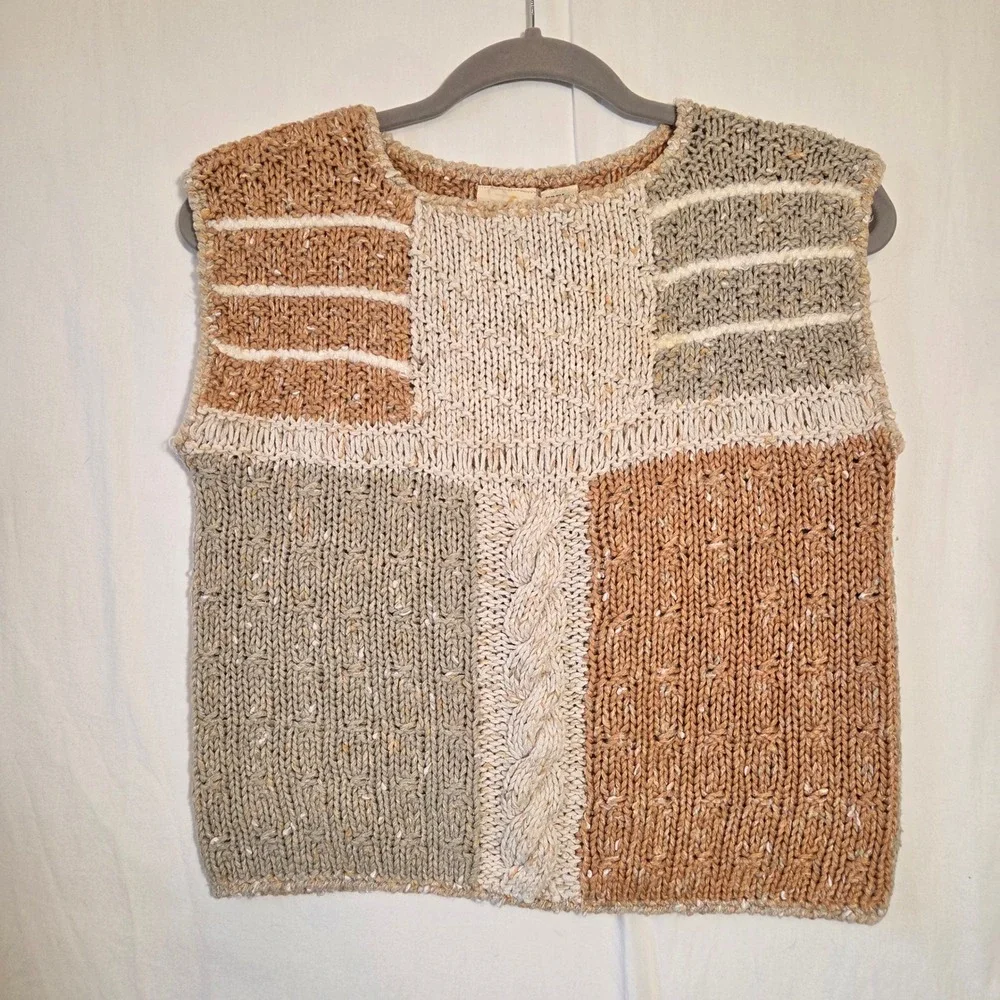Liz Claiborne Vintage Silk Blend Patchwork Knit Sweater Vest Tan Green Large‎